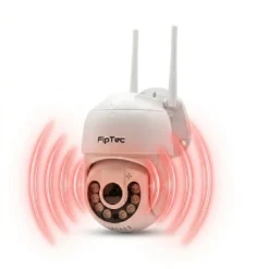 Външна 4K WiFi камера FipTec LO24 Max на бял фон с активирана звукова аларма за активна защита на дома, осигуряваща сигурност и пълно спокойствие чрез дискретен и лесен контрол.