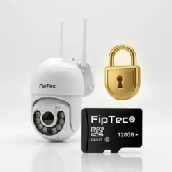 Външна 4K WiFi камера FipTec LO24 Max със 128GB SD карта и символ за защита, гарантиращи надеждно съхранение на записите и пълно спокойствие за вашата дискретна домашна сигурност.