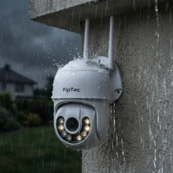 Външна 4K WiFi камера FipTec LO24 Max, монтирана на стена по време на силен дъжд, показваща своята отлична водоустойчивост и надеждна защита за пълно спокойствие във вашия дом.
