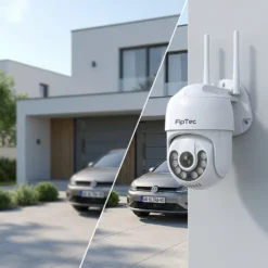 Външна 4K WiFi камера за видеонаблюдение FipTec LO24 Max, монтирана на бяла стена пред модерна къща с паркирана кола, осигуряваща дискретна сигурност и пълно спокойствие за вашето имущество.