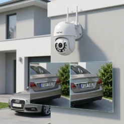 Външна 4K WiFi камера FipTec LO24 Max, монтирана на фасада, показваща изключителен детайл и ясно разчитане на регистрационен номер на автомобил за безкомпромисна сигурност и пълно спокойствие.