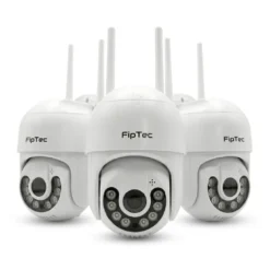 Комплект от три външни 4K WiFi камери FipTec LO24 Max на бял фон, осигуряващи цялостна охрана и дискретна сигурност за вашия дом и пълно спокойствие за семейството.