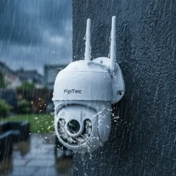 Външна 4K WiFi камера FipTec LO24 Max под силен дъжд, показваща своята водоустойчивост и надеждна охрана, осигурявайки ви пълно спокойствие и сигурност при всякакви метеорологични условия.