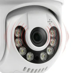 Близък план на обектива на външна 4K WiFi камера FipTec LO24 Max с илюстрация на двупосочно аудио, осигуряващо лесна комуникация и пълно спокойствие за вашата домашна сигурност.