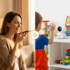 Усмихната майка говори по смартфона си, докато малко дете в детската стая слуша гласа ѝ през бяла WiFi камера FipTec с двупосочно аудио, осигурявайки надеждна защита и спокойствие.