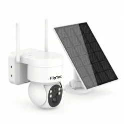 Бяла безжична соларна камера FipTec със самостоятелен соларен панел на бял фон, предоставяща енергийна независимост и надеждна защита за вашия дом, осигурявайки ви пълно спокойствие.