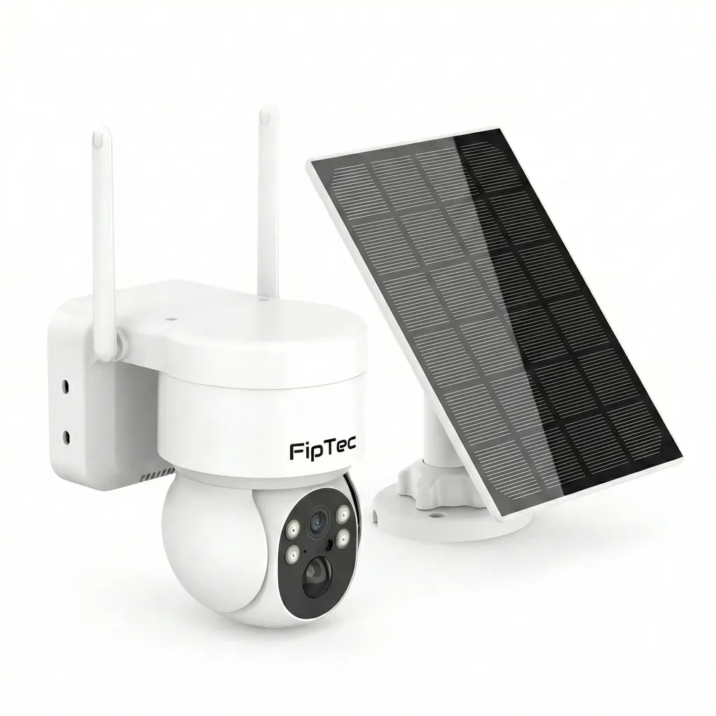 Бяла безжична соларна камера FipTec със самостоятелен соларен панел на бял фон, предоставяща енергийна независимост и надеждна защита за вашия дом, осигурявайки ви пълно спокойствие.