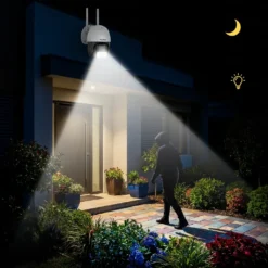 Външна WiFi камера FipTec с активиран мощен прожектор през нощта, осветяваща входа на къщата при засичане на движение. Осигурете си надеждна защита и пълно спокойствие с дискретна сигурност.