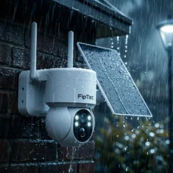 Външна безжична соларна камера FipTec, монтирана на тухлена стена под силен дъжд, показваща изключителна водоустойчивост и надеждна защита за вашия дом и пълно спокойствие при всяко време.
