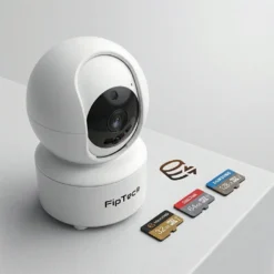 Бяла вътрешна WiFi камера FipTec, илюстрираща възможностите за локален запис на MicroSD карти с различен капацитет и облачно съхранение. Осигурете си надеждна охрана и дискретна сигурност за вашето пълно спокойствие.