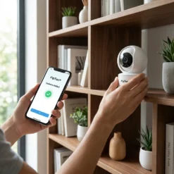Ръце поставят бяла вътрешна WiFi камера FipTec на дървен рафт, докато смартфон потвърждава успешната инсталация чрез приложението. Насладете се на лесен контрол и дискретна сигурност за вашето пълно спокойствие у дома.