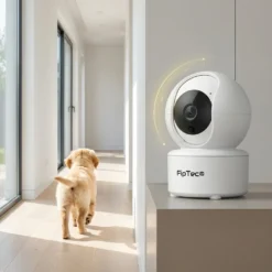 Бяла вътрешна WiFi камера FipTec с въртящ се обектив, проследяваща малко кученце в светъл коридор. Продуктът осигурява надеждна охрана и дискретна сигурност за вашето пълно спокойствие у дома.