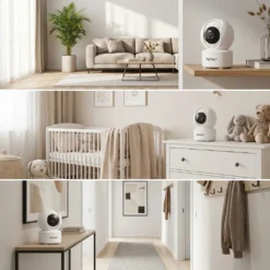 Колаж от три вътрешни WiFi камери FipTec, разположени в хола, детската стая и коридора за цялостна охрана. Тази интелигентна система гарантира дискретна сигурност и пълно спокойствие във вашия дом.