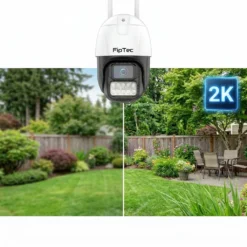 Външна WiFi камера FipTec, показваща предимствата на високата 2K резолюция чрез сравнение на детайлна картина от градина. Осигурете си надеждна защита и дискретна сигурност за пълно спокойствие у дома.
