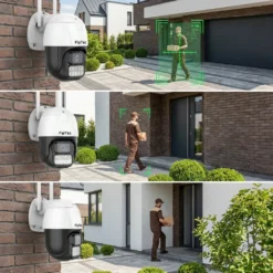 Външна WiFi камера FipTec, монтирана на тухлена стена, автоматично проследява движението на човек пред дома, осигурявайки надеждна защита и постоянно спокойствие чрез лесен и интелигентен контрол.