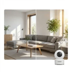 Бяла вътрешна WiFi камера FipTec, демонстрираща разликата между стандартно качество и кристална HD резолюция в хол. Осигурете си перфектна видимост и спокойствие чрез интелигентен контрол.