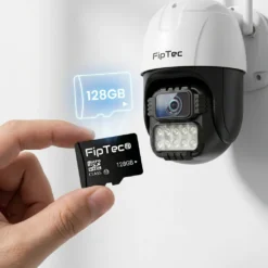 Микро SD карта памет FipTec 128GB до безжична WiFi камера за видеонаблюдение, гарантираща сигурно съхранение на записите и надеждна защита за вашето пълно спокойствие и лесен контрол.