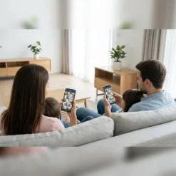 Младо семейство на диван, използващо мобилното приложение на FipTec за споделен достъп до камерите, осигуряващо надеждна защита и споделено спокойствие чрез лесен контрол за всички.