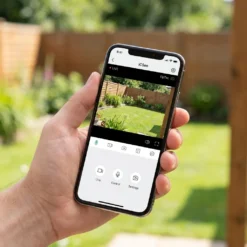 Ръка държи смартфон с приложение за управление на безжична камера FipTec, показващо видео на живо от зелена градина за лесен контрол и надеждна защита на дома.