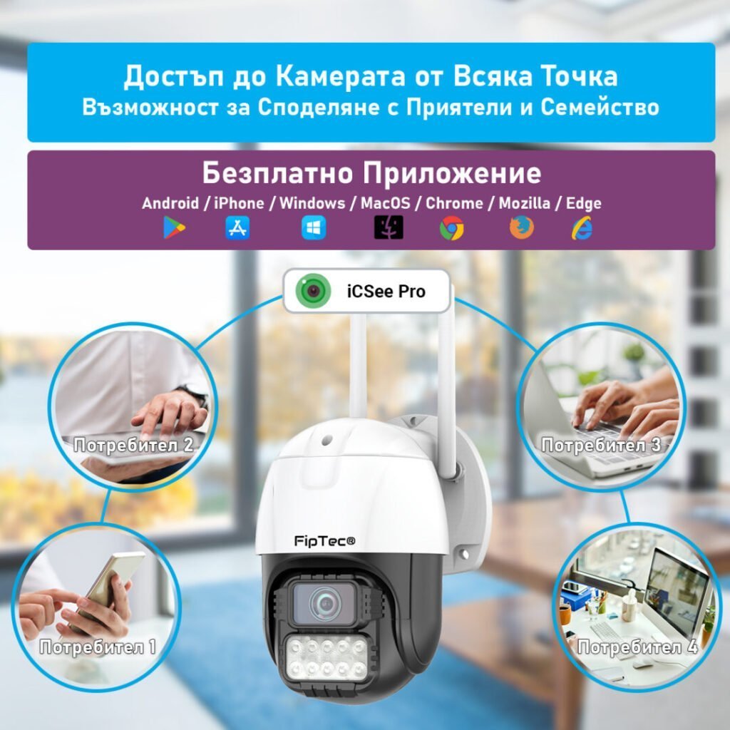 Камера за видеонаблюдение е поставена в средата на снимката, над нея е изобразено приложението, с което се управлява, а отстрани са изображения на различни потребители, с които може да се споделя.