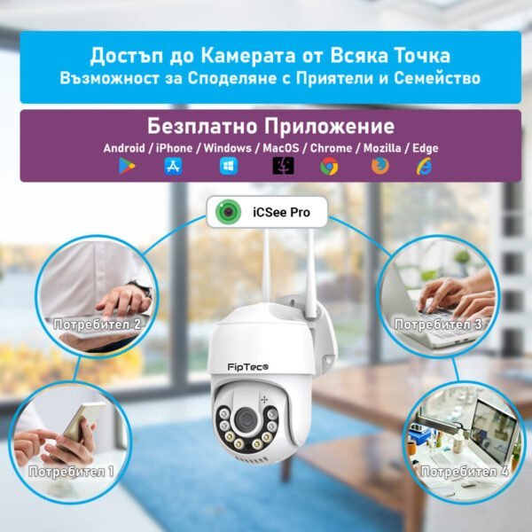 В средата на снимката е изобразена камера за видеонаблюдение, над нея е изобразено приложението, с което работи, а отстрани са картинки на различни потребители, с които може да се споделя.