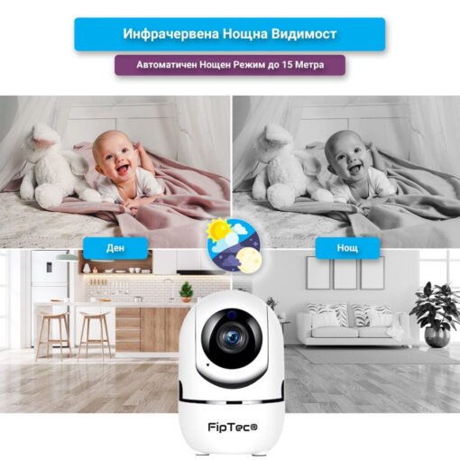 В снимката е илюстрирана камера за видеонаблюдение на преден фон, зад нея има изображение на бебе и на интериор, представени в дневен и нощен режим.