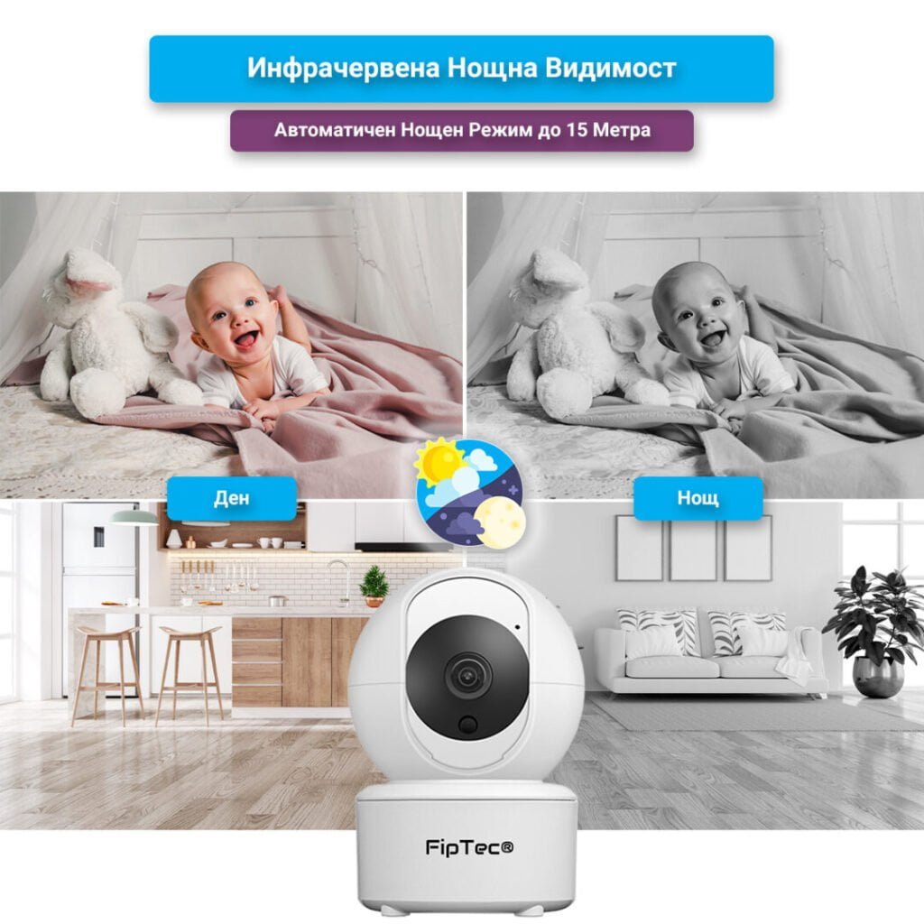 В снимката е изобразена камера за видеонаблюдение на преден фон, зад нея има изображение на бебе и на интериор, представени в два варианта - дневен и нощен режим.
