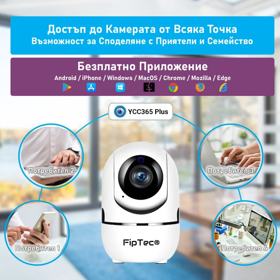 В центъра на изображението е изобразена камера за домашно видеонаблюдение, като над нея е показано приложението, което се използва за нейната работа. От двете страни на снимката са изобразени картинки на различни потребители, с които може да се сподели.