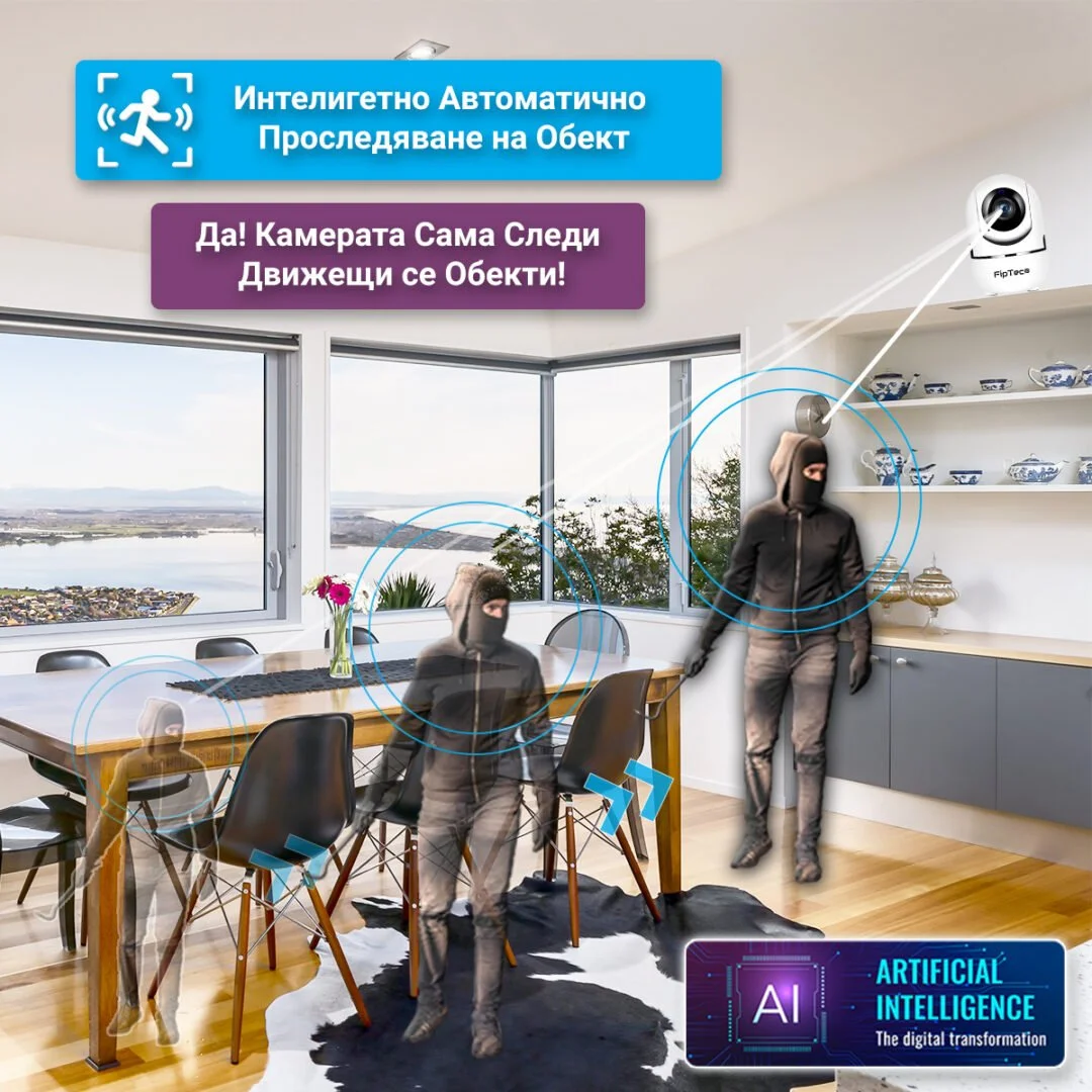 Камера за видеонаблюдение засича крадец в дома и започва да го следи чрез функцията за автоматично проследяване на обекта.