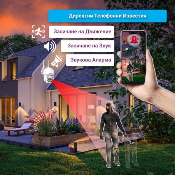 Камера за видеонаблюдение засича крадец и изпраща известие на мобилния телефон.