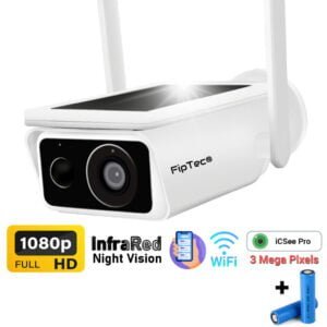 Камера за видеонаблюдение FipTec е представена на бял фон, с изобразени графични елементи, доказващи нейните основни характеристики