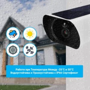 Снимка на соларна камера за видеонаблюдение показва камерата при дъжд, като е посочен температурния диапазон, в който тя може да работи.