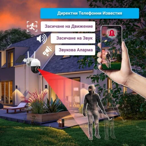 Соларна камера за видеонаблюдение, управлявана от телефон, засича крадец и изпраща директни нотификации на потребителя.