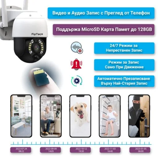 Соларна камера за видеонаблюдение е илюстрирана близо до карта памет, като под тях са показани различни сценарии, в които камерата може да бъде полезна.