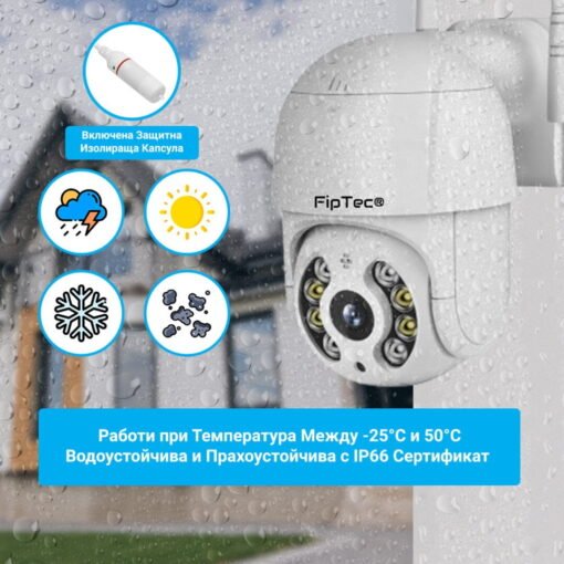 WiFi Камера FipTec Lo15 изобразена да работи в дъждовен ден