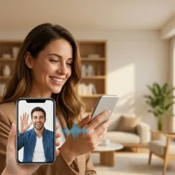 Усмихната жена, провеждаща видео разговор с мъж през смартфон, демонстрираща функцията за двупосочна аудио и видео комуникация на смарт WiFi камера FipTec. Осигурете си надеждна охрана и интелигентна сигурност за вашето пълно спокойствие чрез лесна връзка с дома и любимите хора от всяко място.