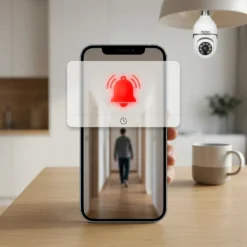 Смартфон с активно известие за засечено движение от смарт WiFi камера FipTec под формата на крушка, монтирана в полилей. Осигурете си надеждна охрана и интелигентна сигурност за вашето пълно спокойствие чрез мигновени алармени известия директно на мобилния ви телефон.