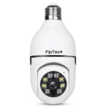 Бяла смарт WiFi камера FipTec под формата на крушка с фасунга E27, представена на изчистен бял фон. Осигурете си надеждна охрана и интелигентна сигурност за вашето пълно спокойствие чрез лесен монтаж в стандартна фасунга.