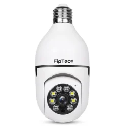 Бяла смарт WiFi камера FipTec под формата на крушка с фасунга E27, представена на изчистен бял фон. Осигурете си надеждна охрана и интелигентна сигурност за вашето пълно спокойствие чрез лесен монтаж в стандартна фасунга.