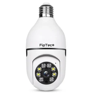 Бяла смарт WiFi камера FipTec под формата на крушка с фасунга E27, представена на изчистен бял фон. Осигурете си надеждна охрана и интелигентна сигурност за вашето пълно спокойствие чрез лесен монтаж в стандартна фасунга.