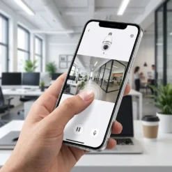 Смартфон, показващ видео на живо от офис, заснето от бяла смарт WiFi камера FipTec под формата на крушка, управлявана дистанционно чрез плъзгане с палец. Осигурете си надеждна охрана и интелигентна сигурност за вашето пълно спокойствие чрез постоянен мониторинг на работното място директно от мобилния ви телефон.