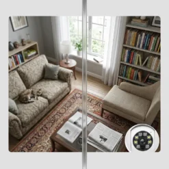 Разделен екран, демонстриращ разликата между стандартно качество и висока резолюция на бяла смарт WiFi камера FipTec под формата на крушка, наблюдаваща хол. Осигурете си надеждна охрана и интелигентна сигурност за вашето пълно спокойствие чрез кристално ясна картина на вашия дом.