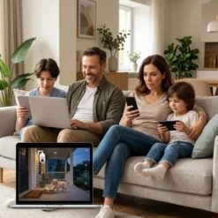 Щастливо семейство на диван в хол, наблюдаващо кадри на живо от смарт WiFi камера FipTec през лаптоп и смартфони. Интелигентната система позволява лесен мониторинг на дома от множество устройства едновременно, осигурявайки ви надеждна охрана и интелигентна сигурност за вашето пълно спокойствие.