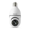 Cameră Wi-Fi albă FipTec LM03 cu dulie E27, pe fundal alb.