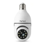 Λευκή smart κάμερα WiFi FipTec σε σχήμα λάμπας με ντουί E27, σε καθαρό λευκό φόντο. Αξιόπιστη προστασία με εύκολη τοποθέτηση σε στάνταρ ντουί.