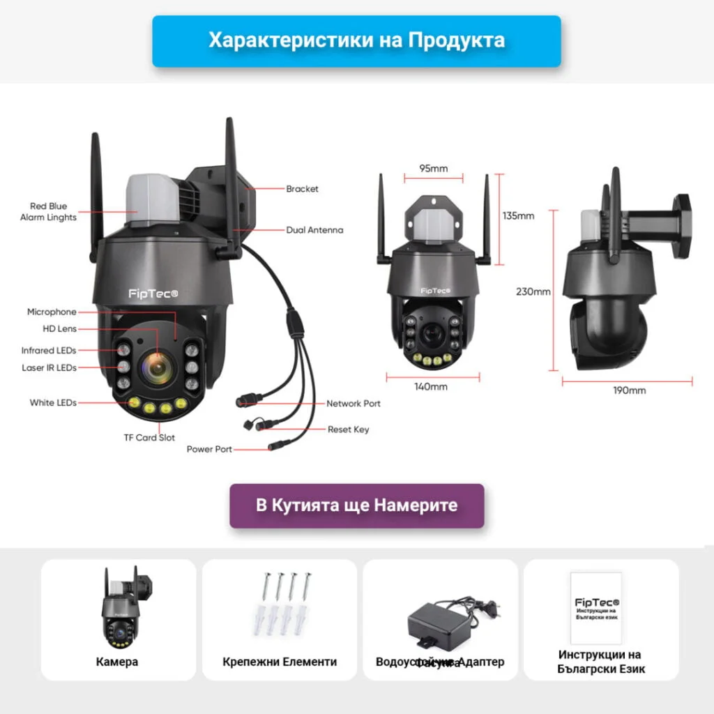 Камера LO36-zoom е заснета от различни ъгли и показана са размерите и характеристиките й. В долната част на изображението са илюстрирани частите от комплекта.