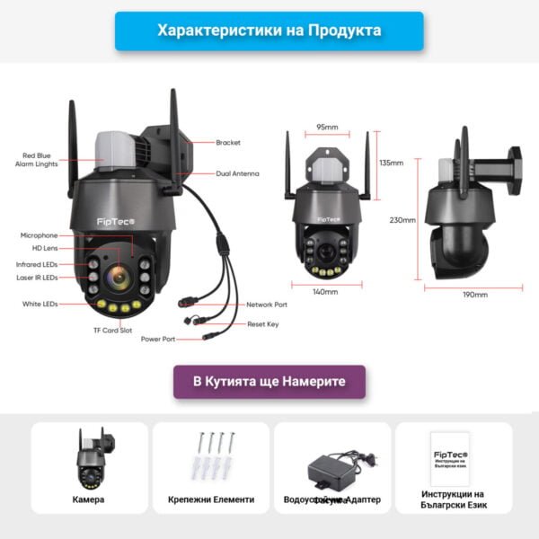 Камера LO36-zoom е заснета от различни ъгли и показана са размерите и характеристиките й. В долната част на изображението са илюстрирани частите от комплекта.