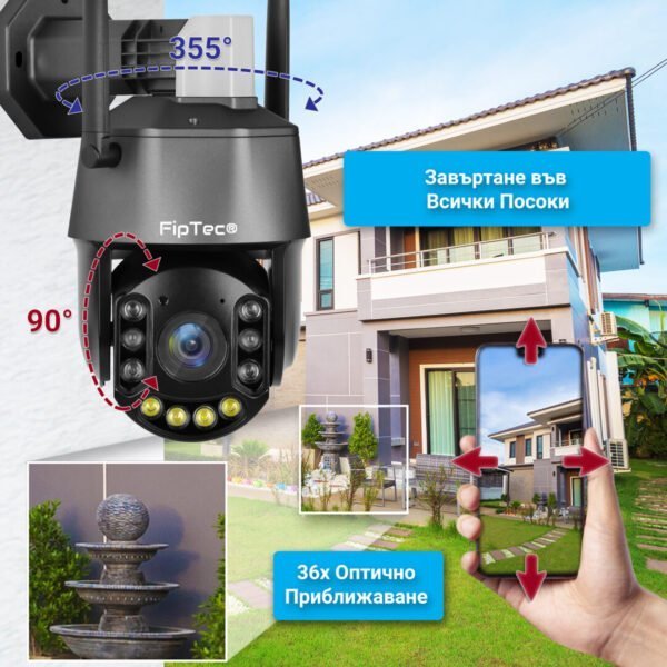 Външна Камера FipTec LO36-zoom монтирана на стена и телефон, чрез който се управлява