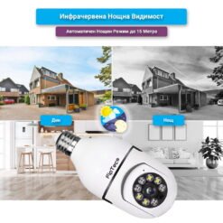 Камера тип крушка за видеонаблюдение е показана на преден план, а зад нея има изображение на бебе и интериор, които са представени в дневен и нощен режим.