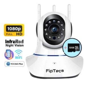 Изображението на камерата за видеонаблюдение FipTec с карта памет 32GB LV07-Pro включва графични елементи, които демонстрират основните й характеристики.